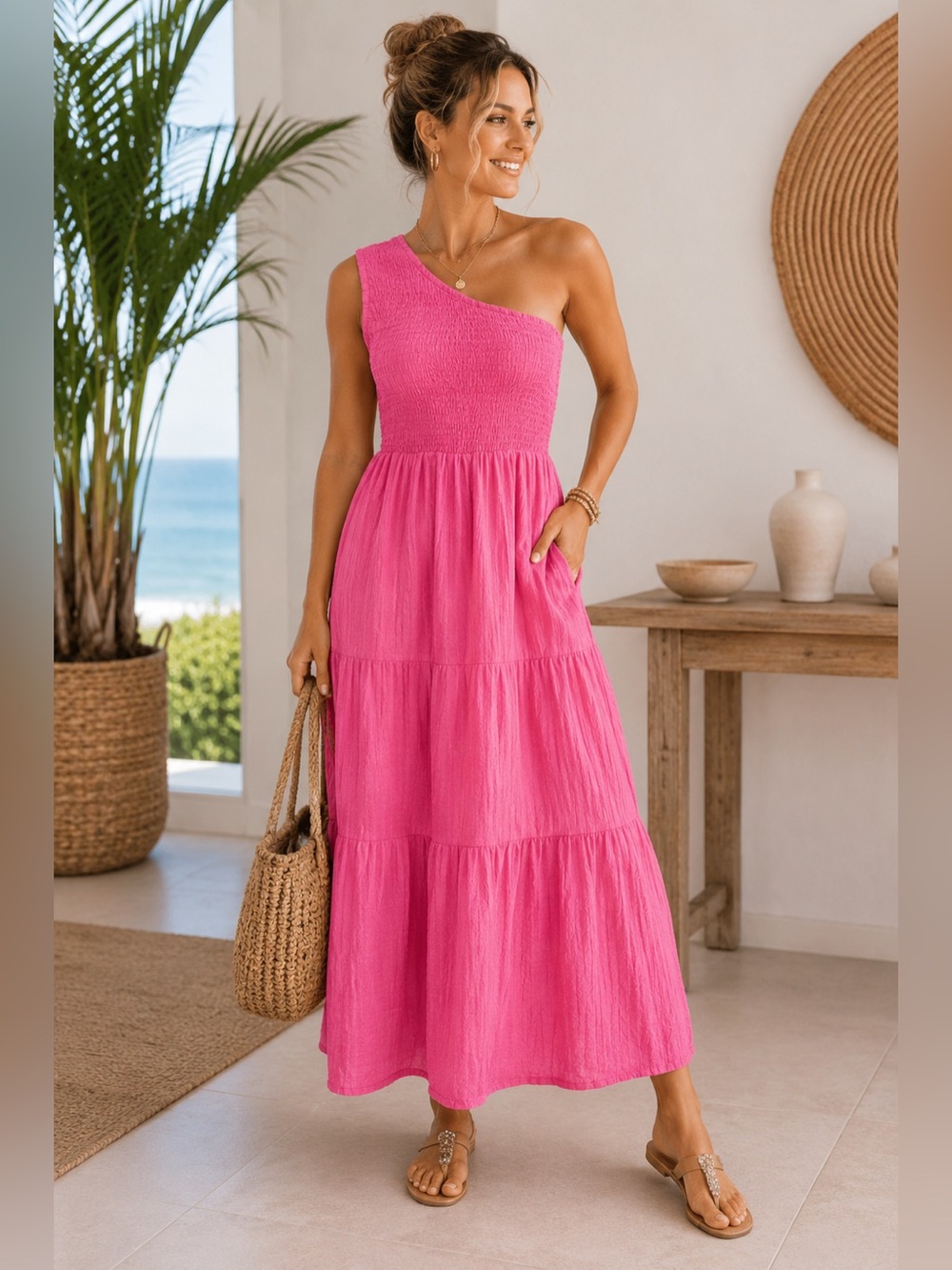 Solution L Pink One Shoulder Smocked Maxi Dress Summer Resort